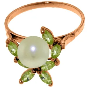 14K Solid Rose Gold Ring w/ Natural Peridots & Pearl