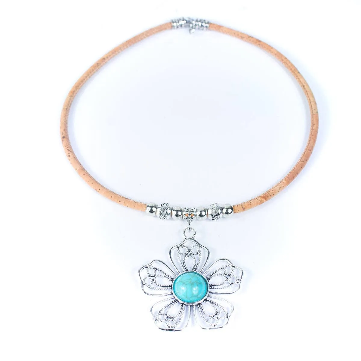 5MM  natural cork with flowers handmade necklace N-192-5