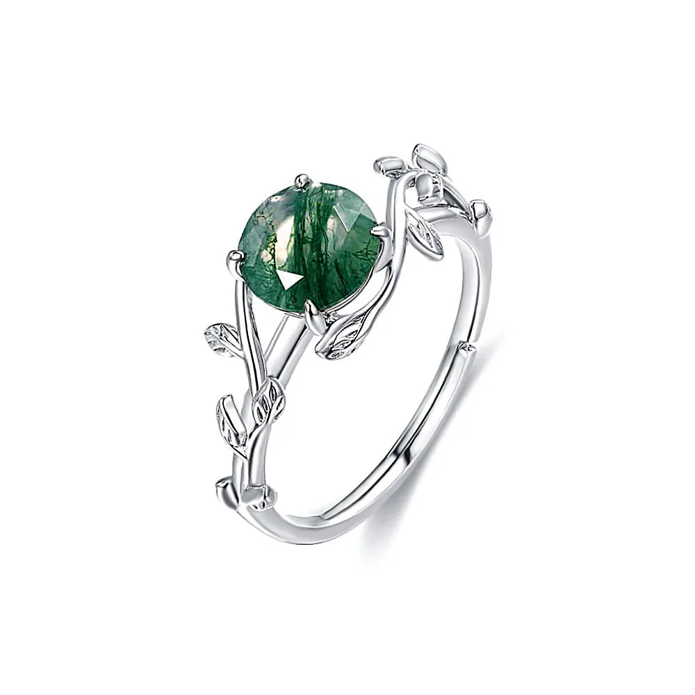 925 Sterling Silver Natural Moss Agate Engagement Adjustable Ring