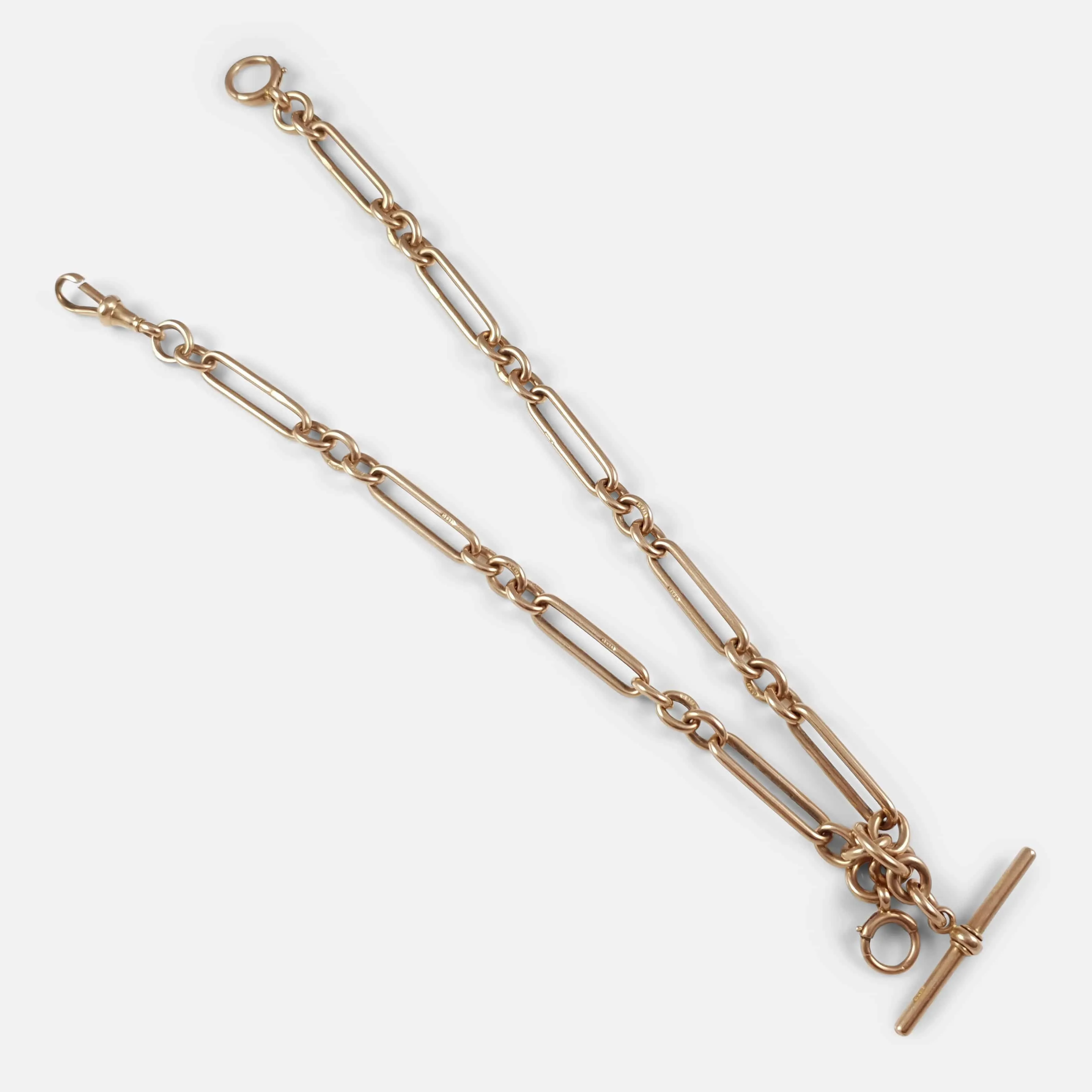 9ct Rose Gold Trombone Link Albert Watch Chain, 1911