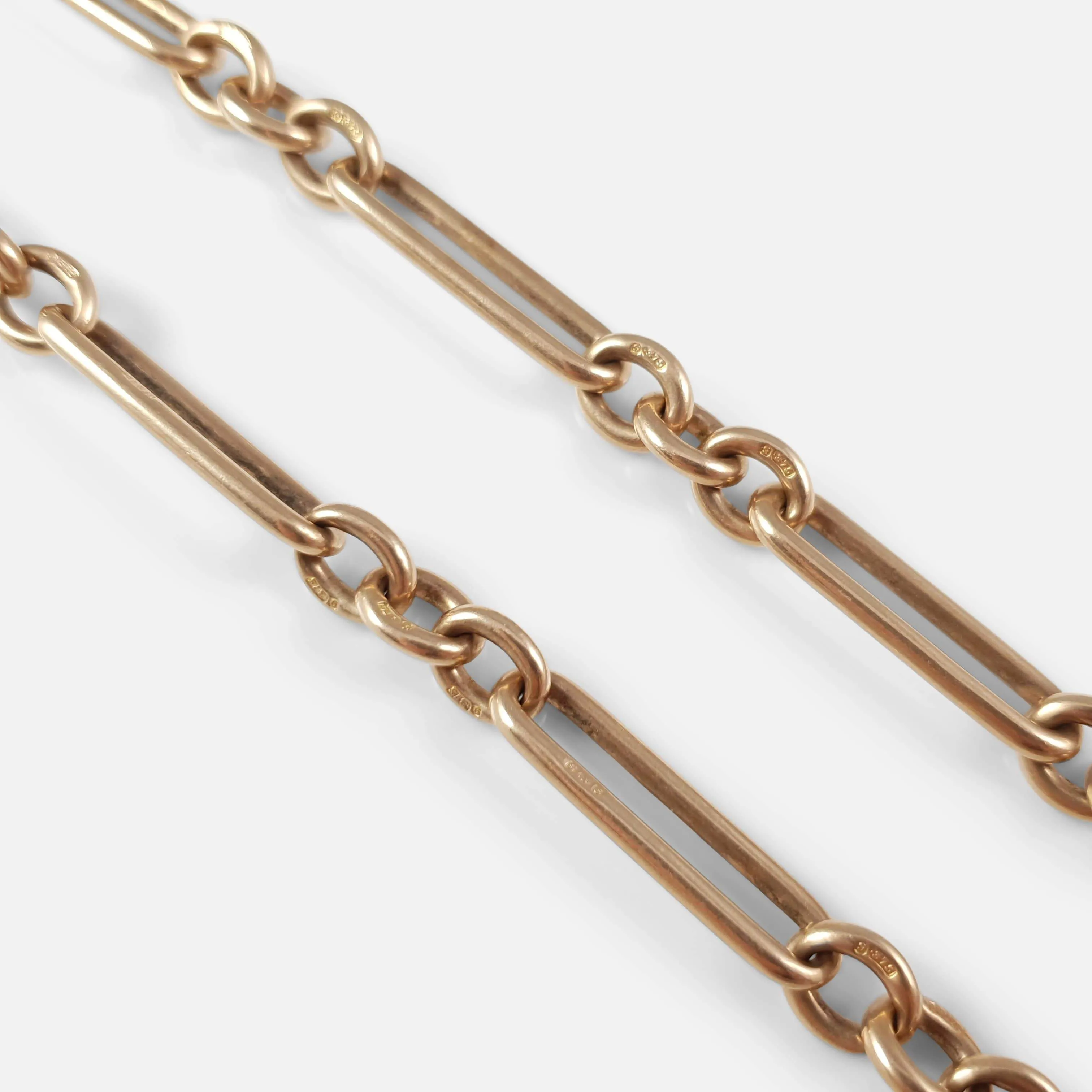 9ct Rose Gold Trombone Link Albert Watch Chain, 1911