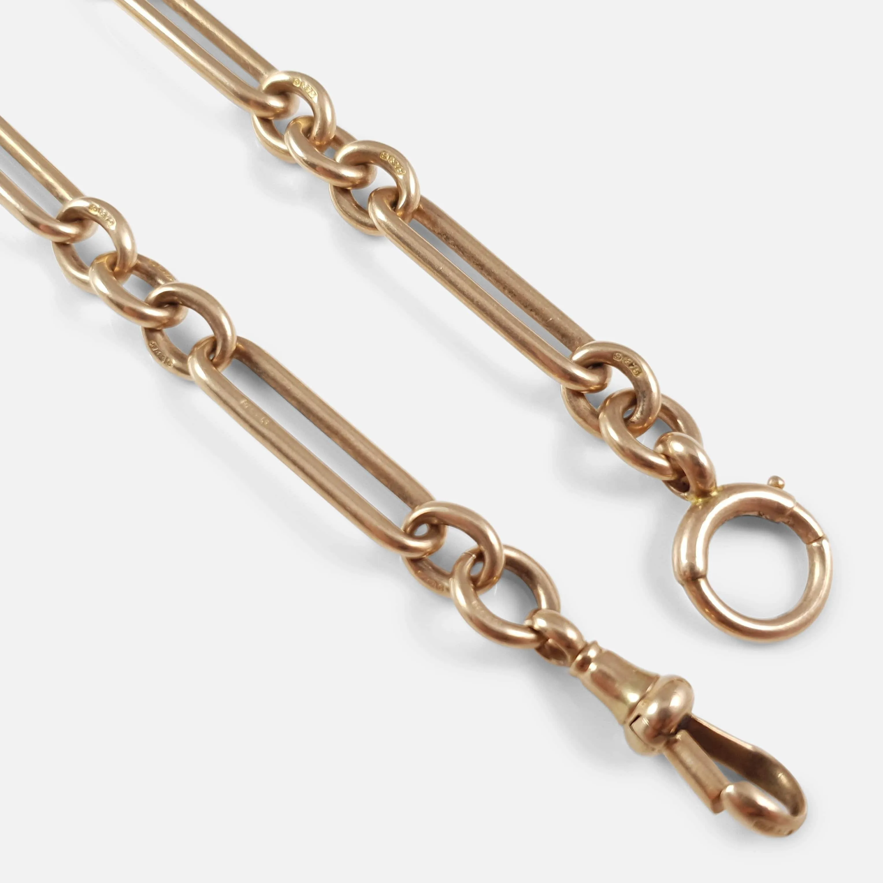 9ct Rose Gold Trombone Link Albert Watch Chain, 1911