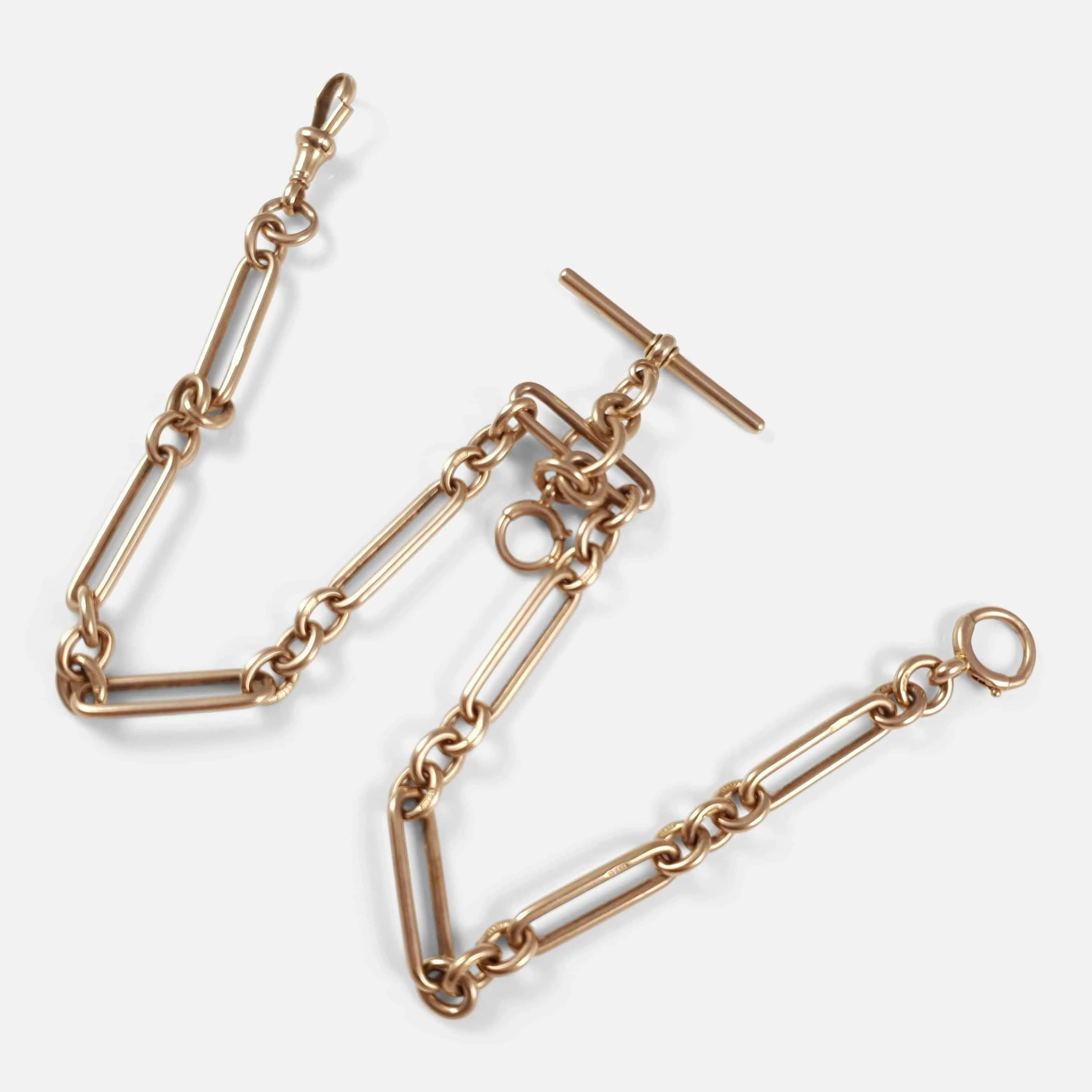 9ct Rose Gold Trombone Link Albert Watch Chain, 1911