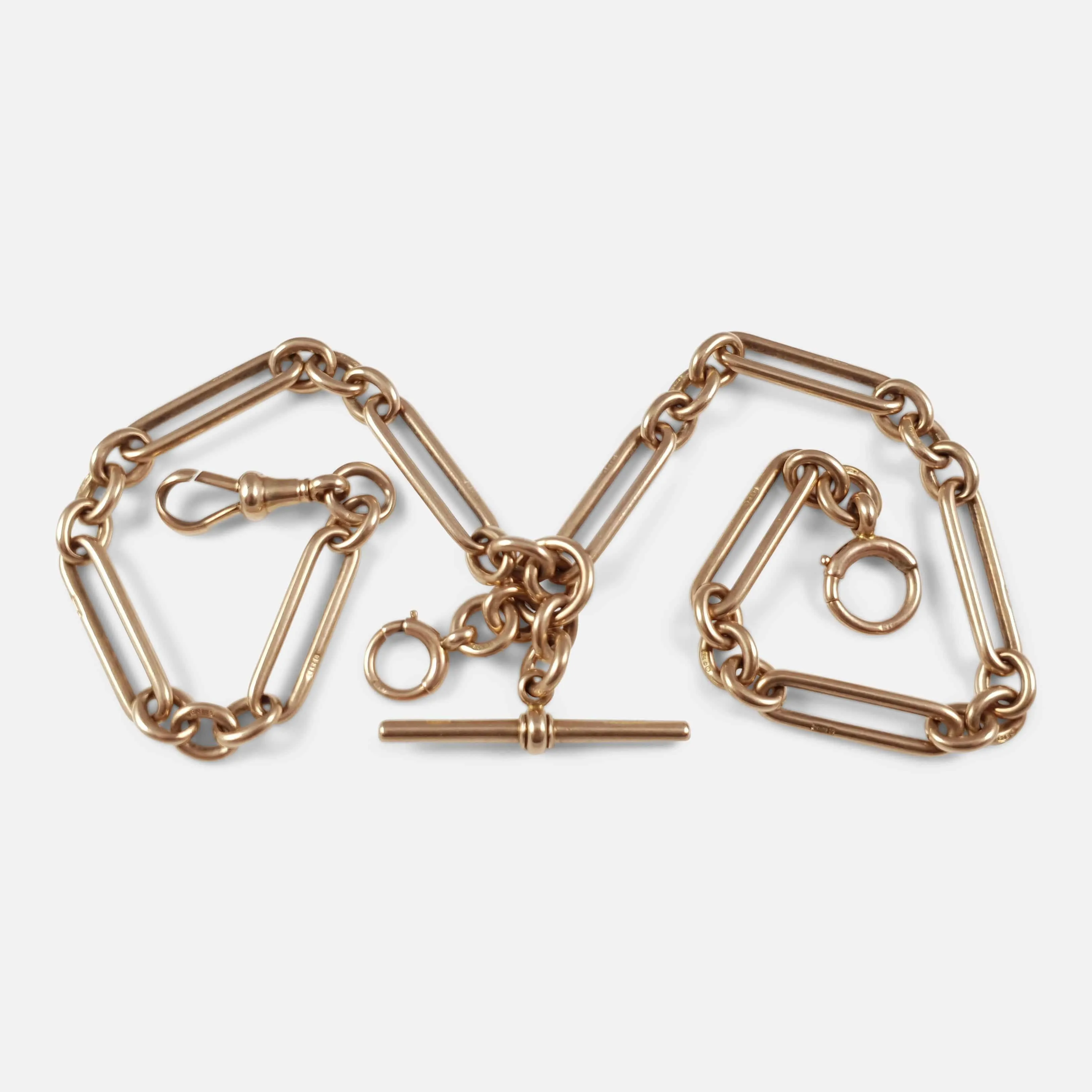 9ct Rose Gold Trombone Link Albert Watch Chain, 1911