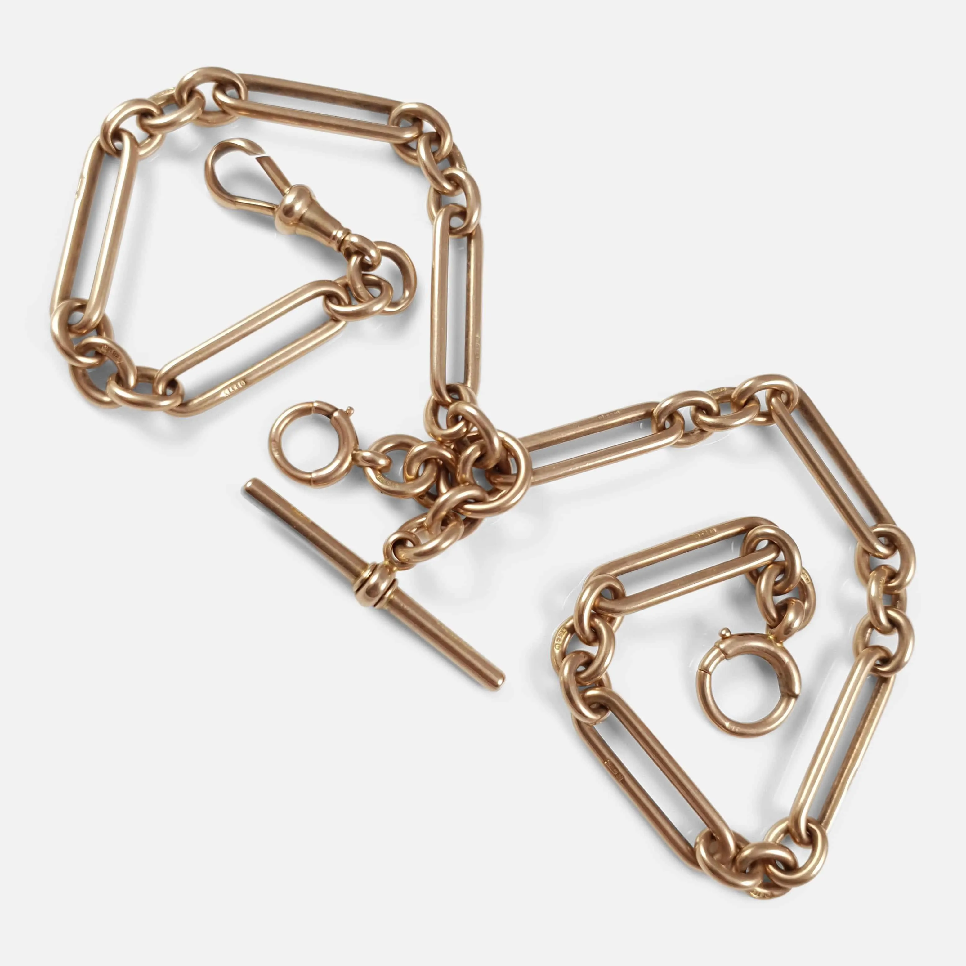 9ct Rose Gold Trombone Link Albert Watch Chain, 1911