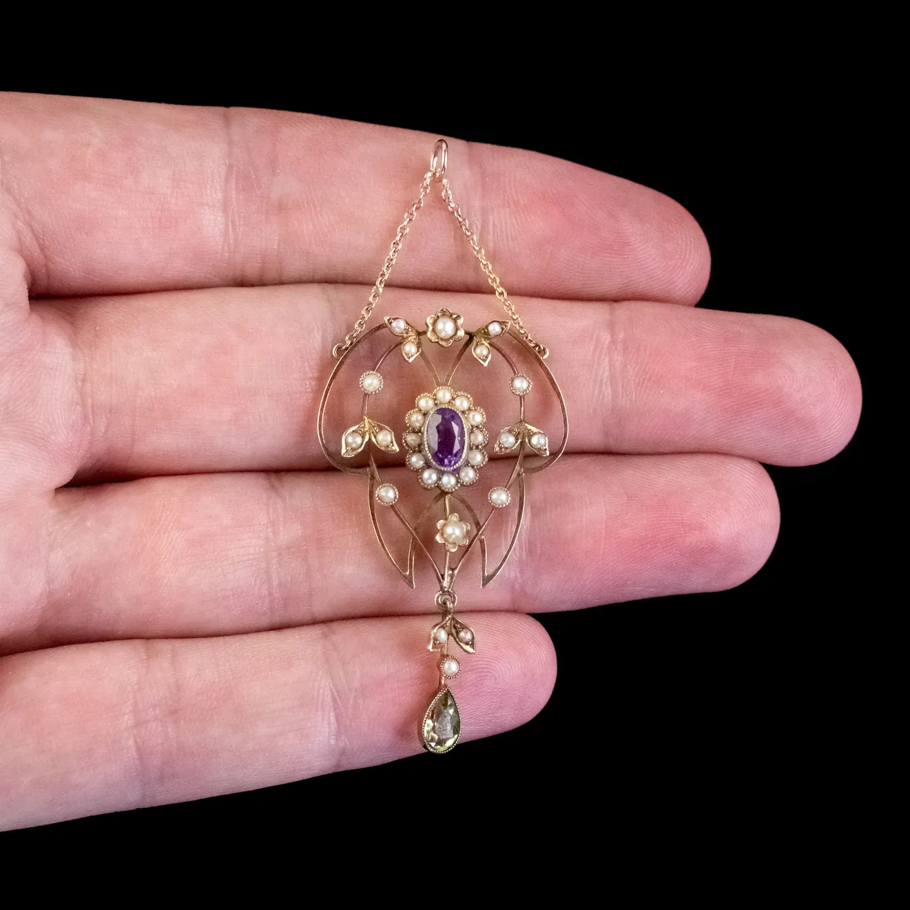 Antique Suffragette Floral Pendant Amethyst Peridot Pearl 9Ct Gold Circa 1910