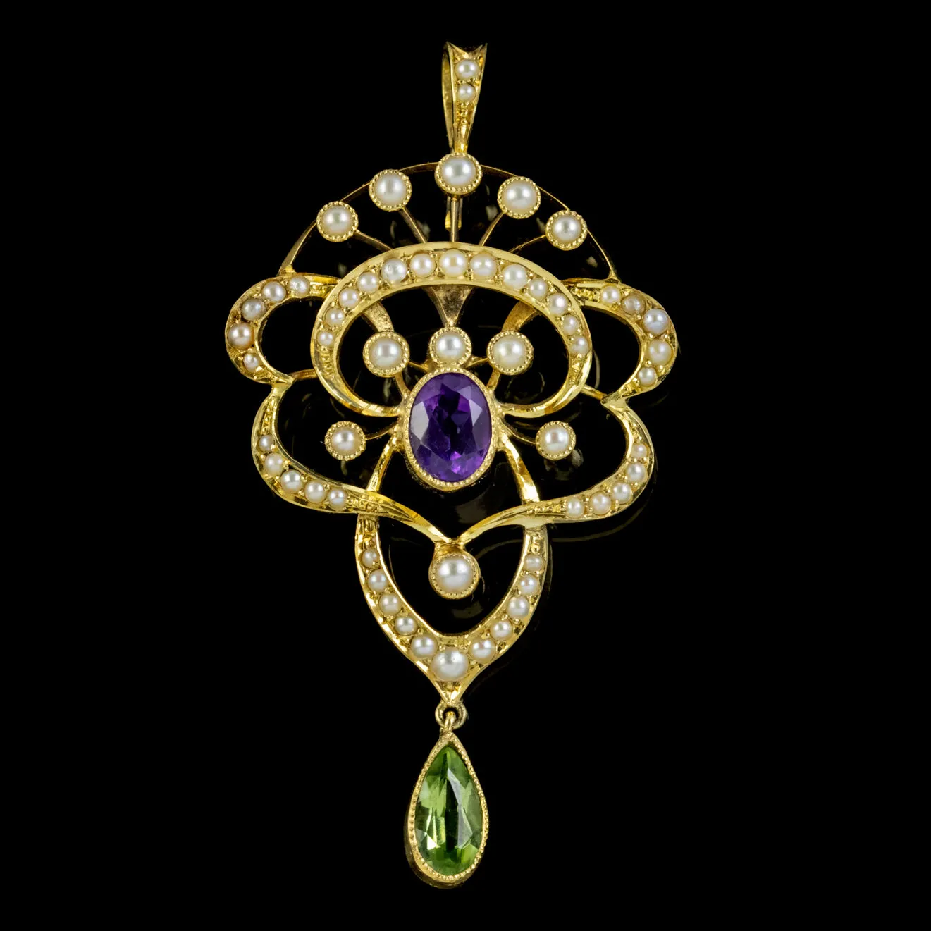 Antique Suffragette Pearl Pendant Amethyst Peridot 15Ct Gold Circa 1910