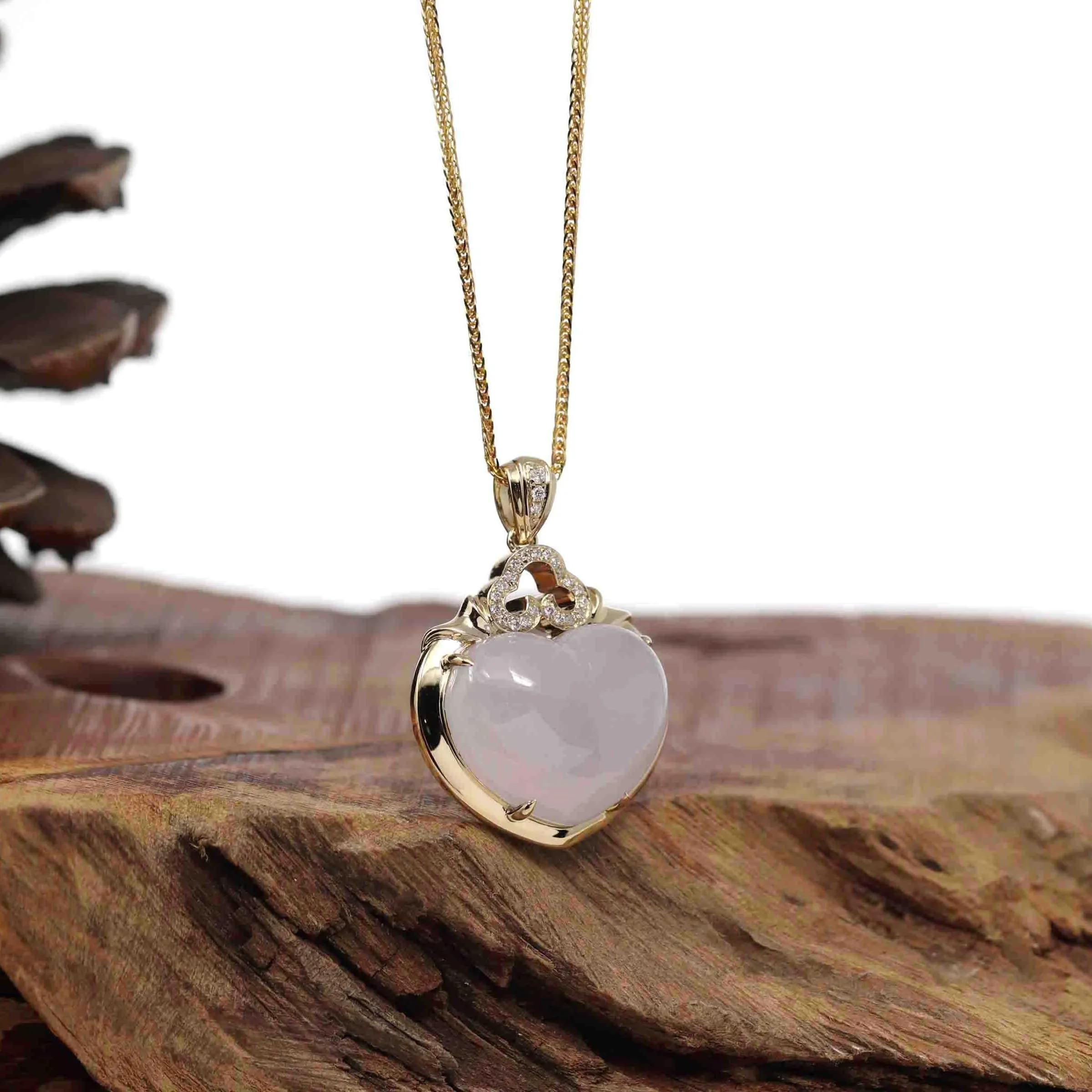 Baikalla 14K Yellow Gold Genuine Burmese Lavender Jadeite Jade Heart Pendant with VS1 Diamonds High Jewelry