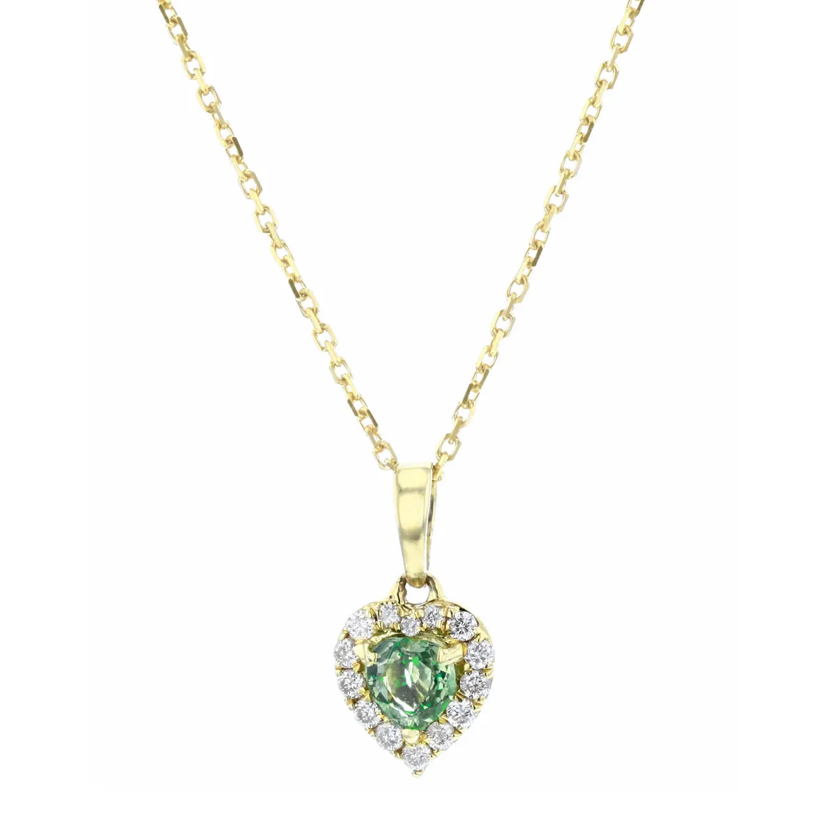 Bijou Collection Petite Green Sapphire & Diamond Heart Halo Pendant | 9K Yellow Gold