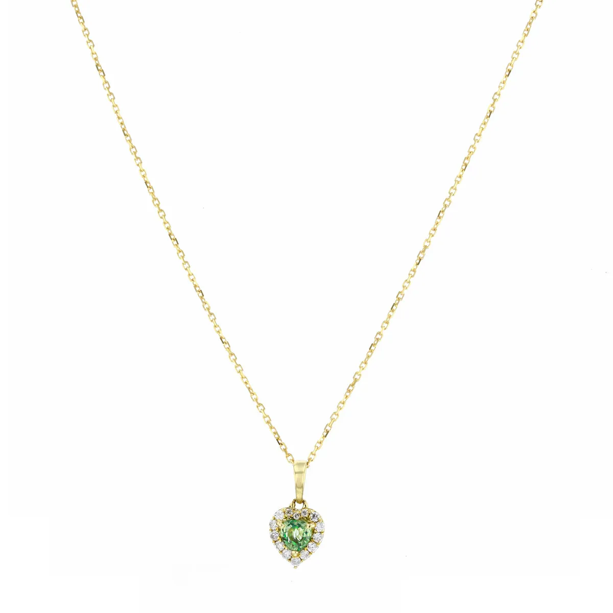 Bijou Collection Petite Green Sapphire & Diamond Heart Halo Pendant | 9K Yellow Gold