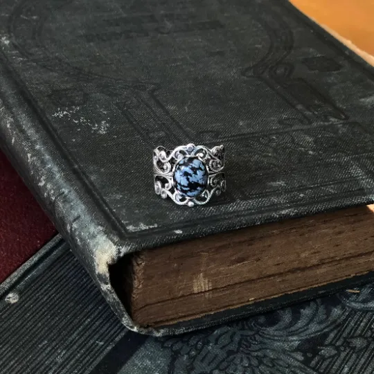 Black and Gray Snowflake Obsidian Silver Ring