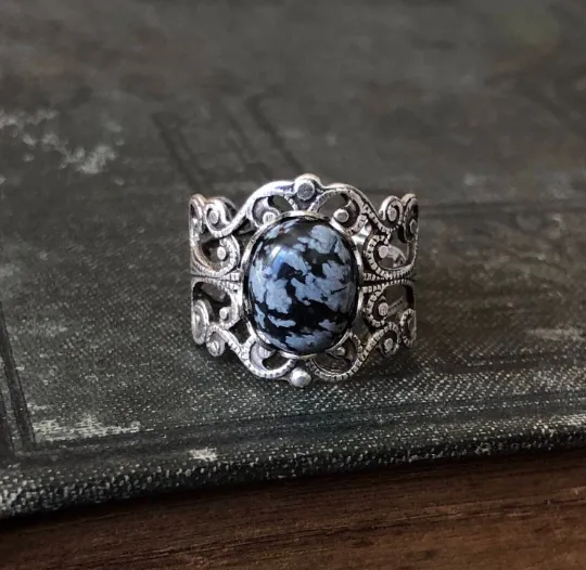 Black and Gray Snowflake Obsidian Silver Ring