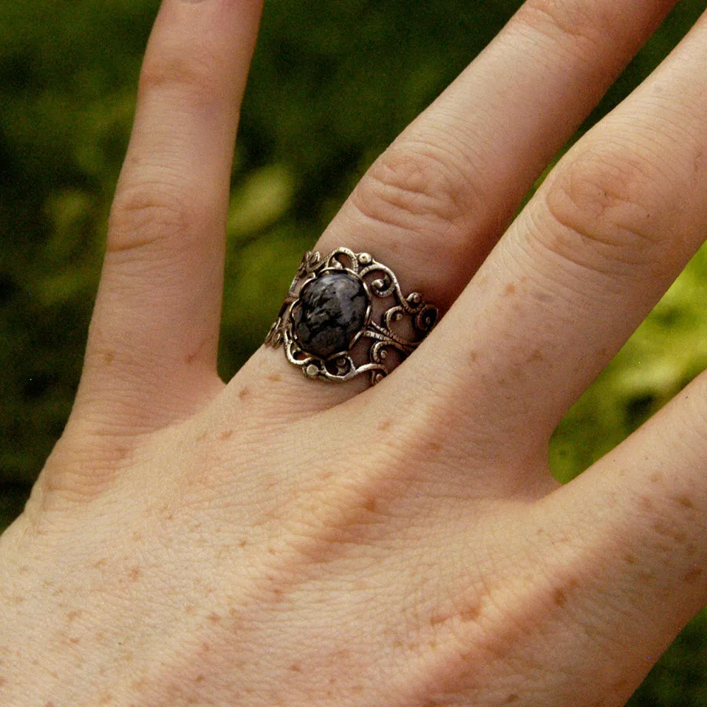 Black and Gray Snowflake Obsidian Silver Ring