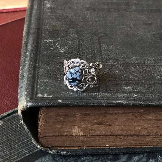 Black and Gray Snowflake Obsidian Silver Ring