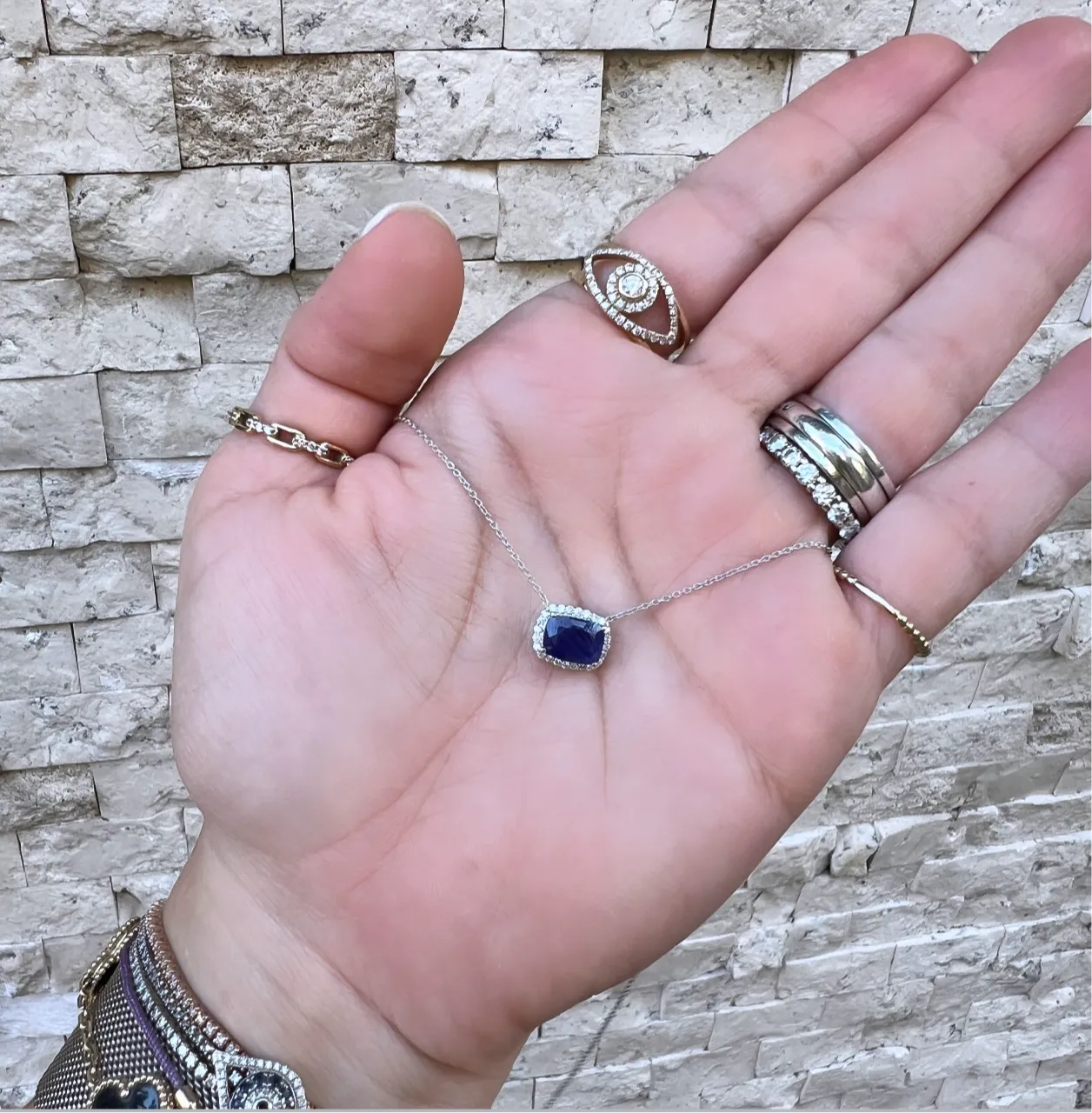 Blue Sapphire Solitaire with Diamond Halo Necklace