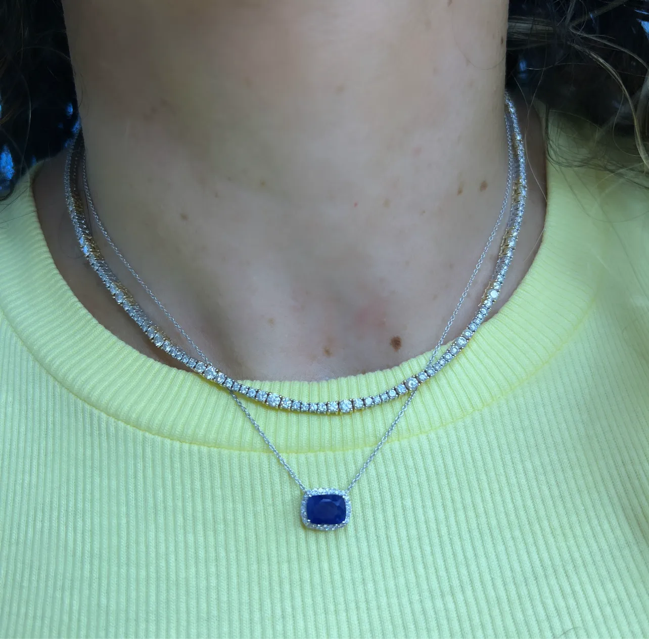 Blue Sapphire Solitaire with Diamond Halo Necklace