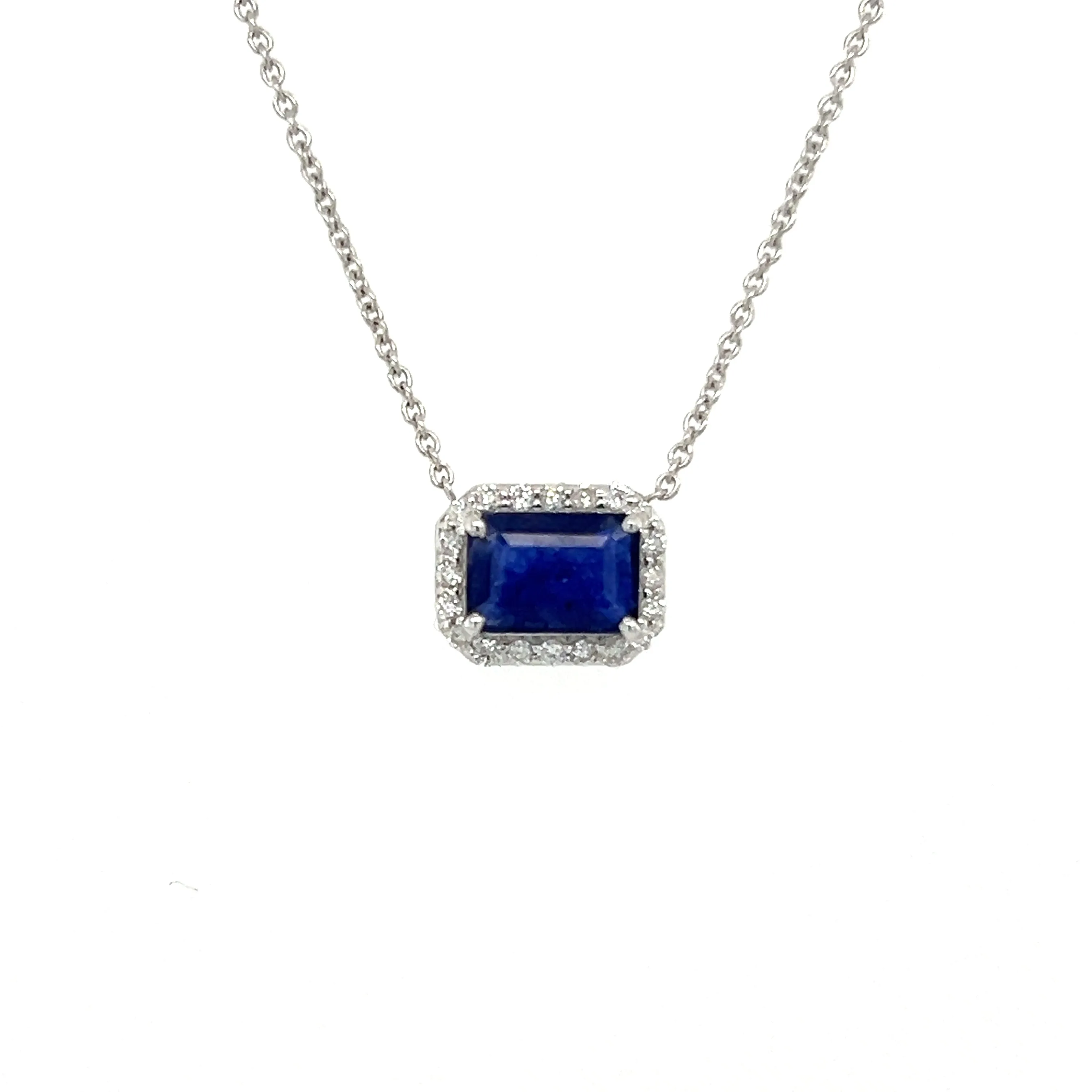 Blue Sapphire Solitaire with Diamond Halo Necklace