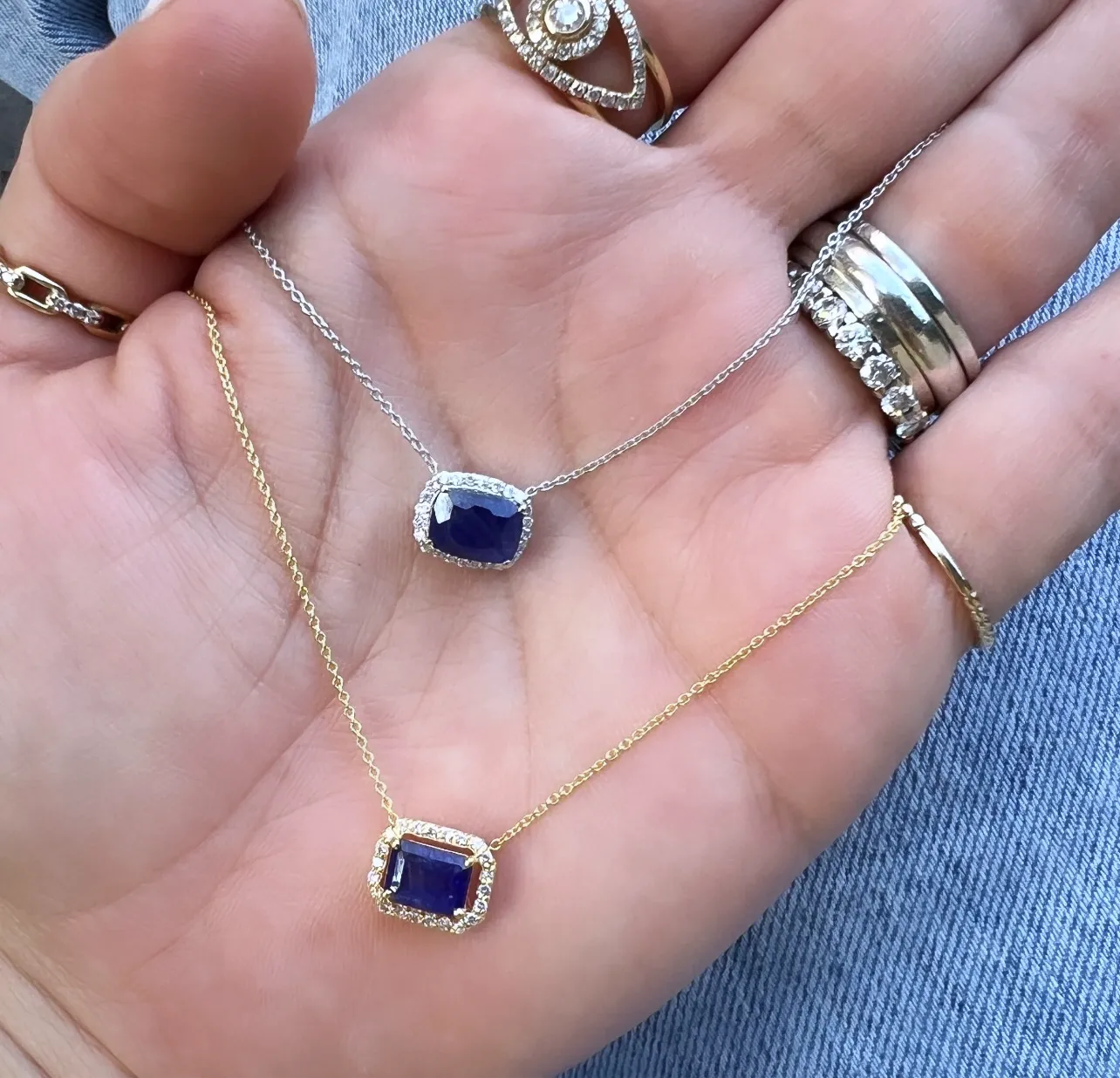 Blue Sapphire Solitaire with Diamond Halo Necklace