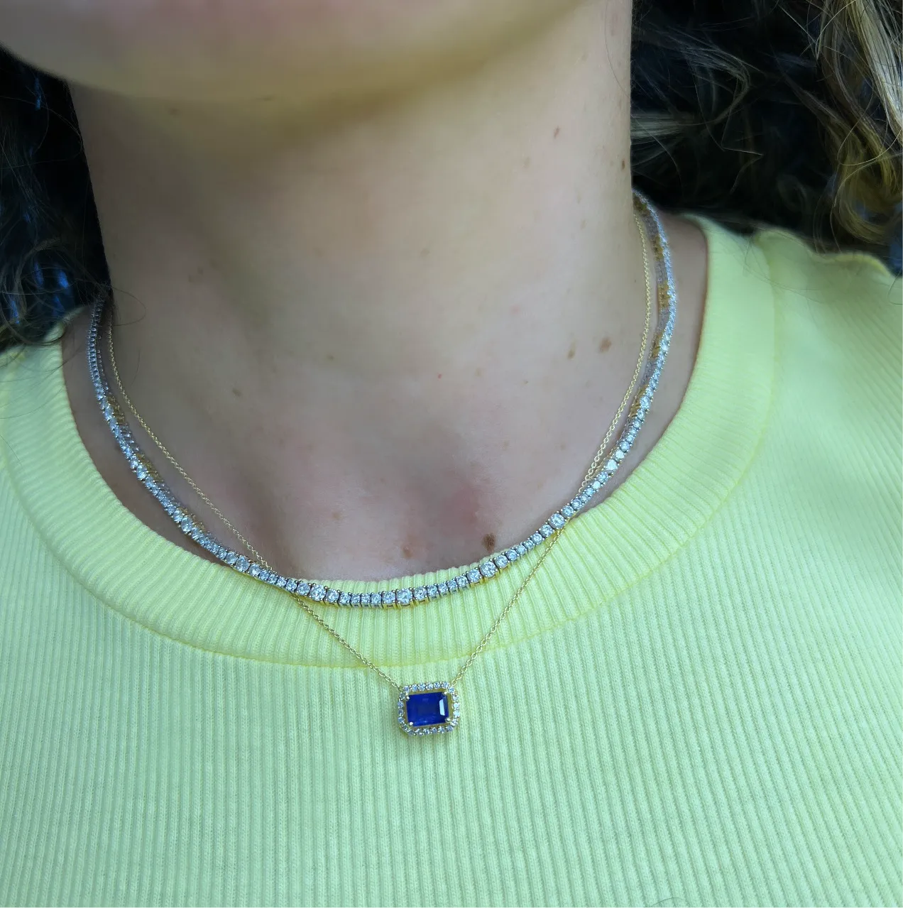 Blue Sapphire Solitaire with Diamond Halo Necklace