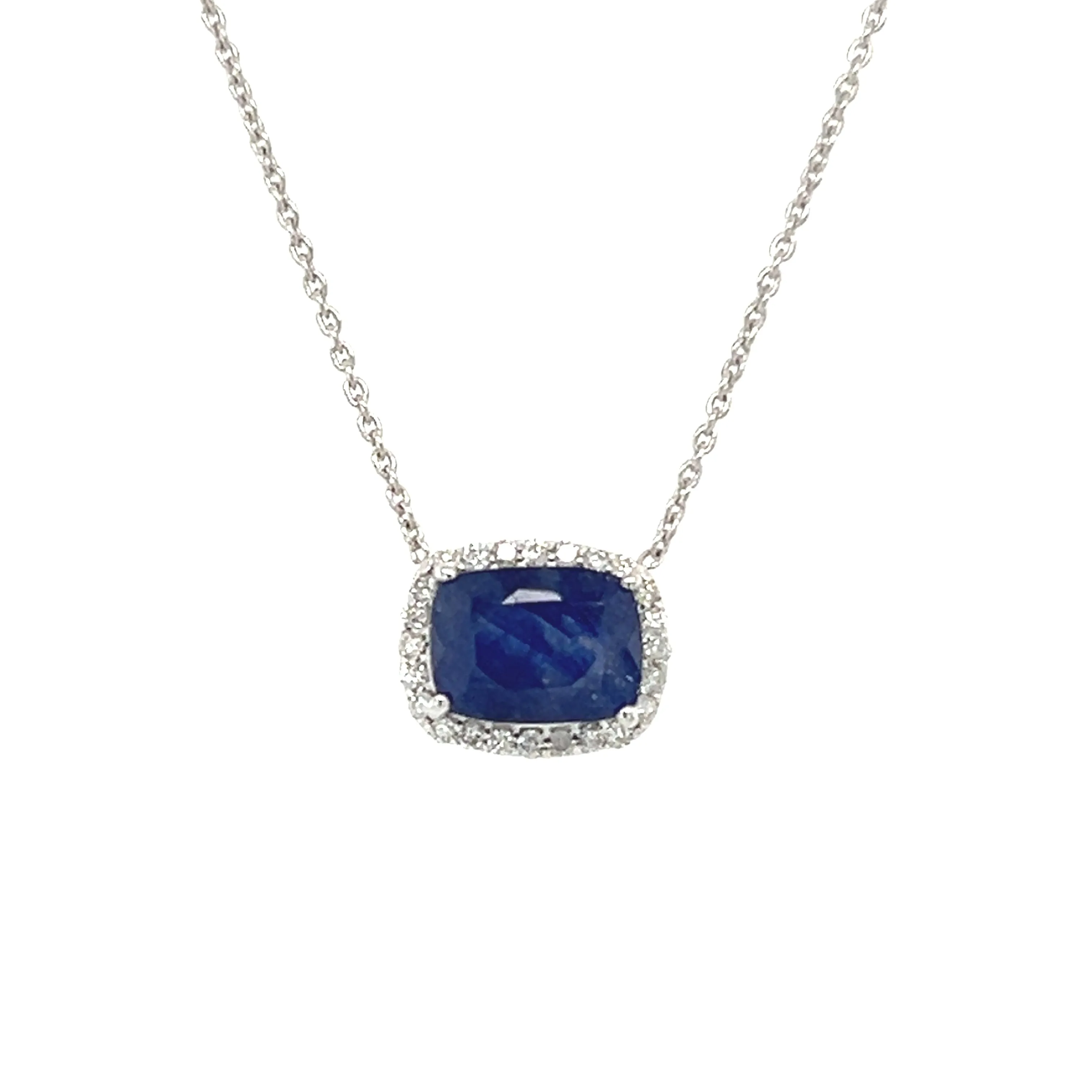 Blue Sapphire Solitaire with Diamond Halo Necklace