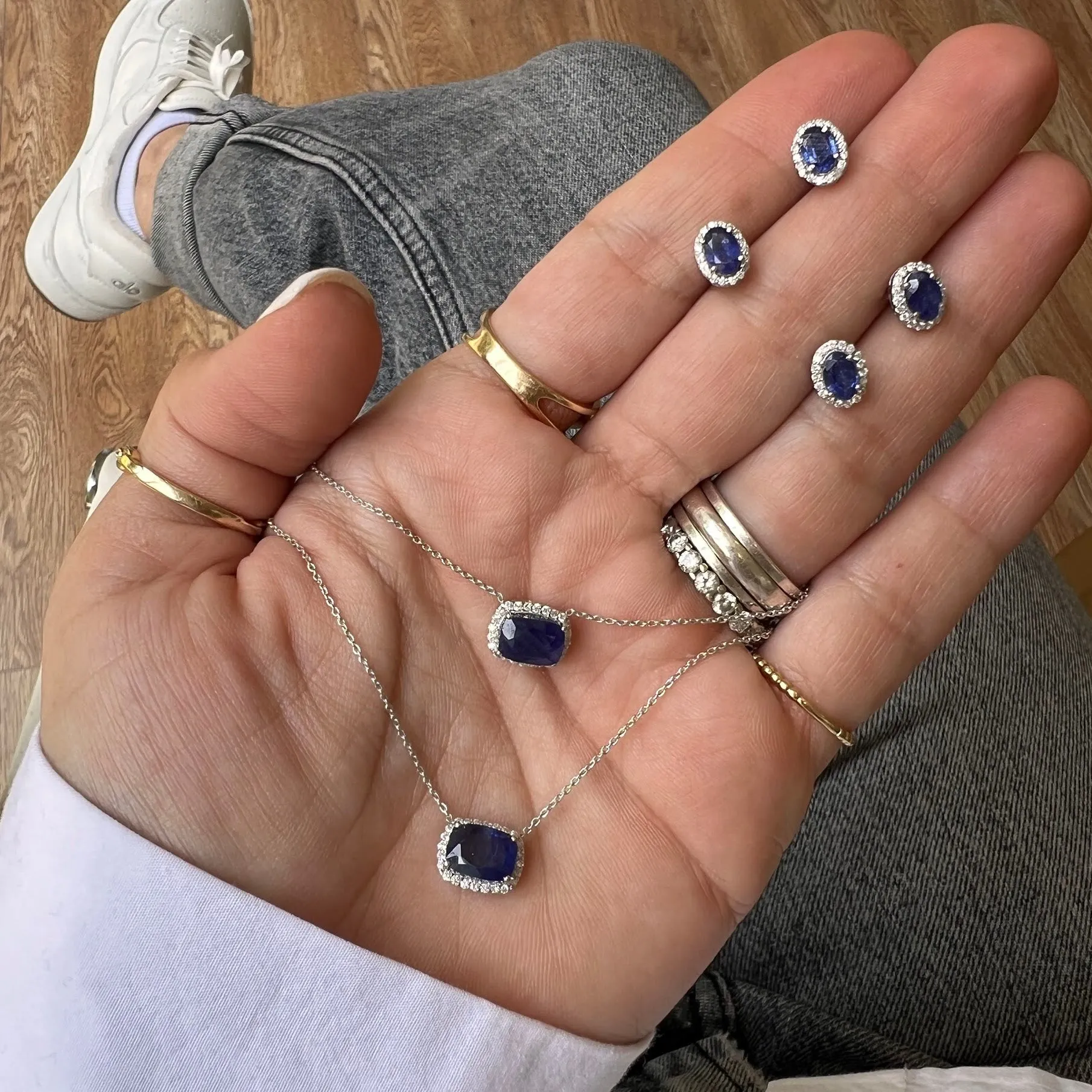 Blue Sapphire Solitaire with Diamond Halo Necklace