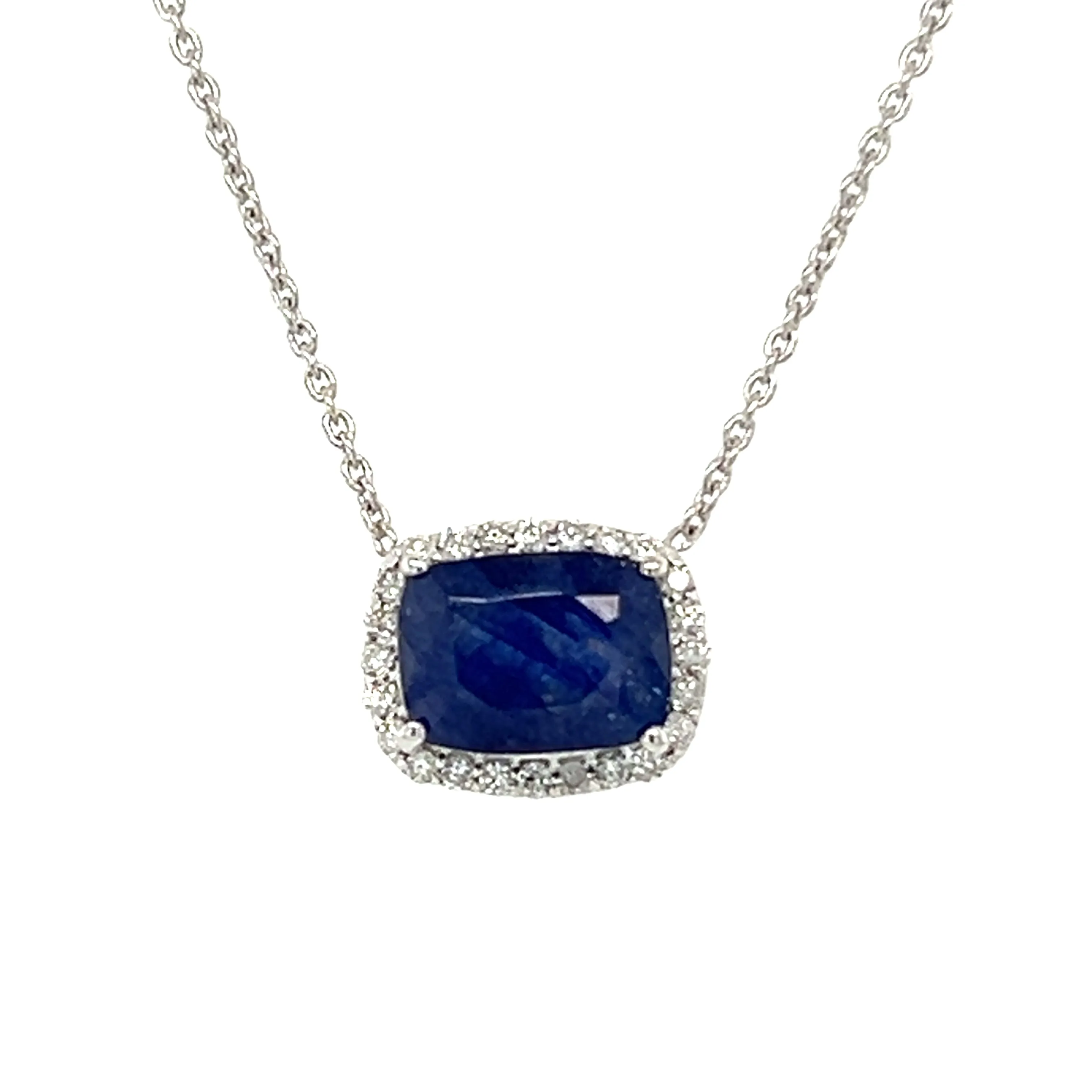Blue Sapphire Solitaire with Diamond Halo Necklace