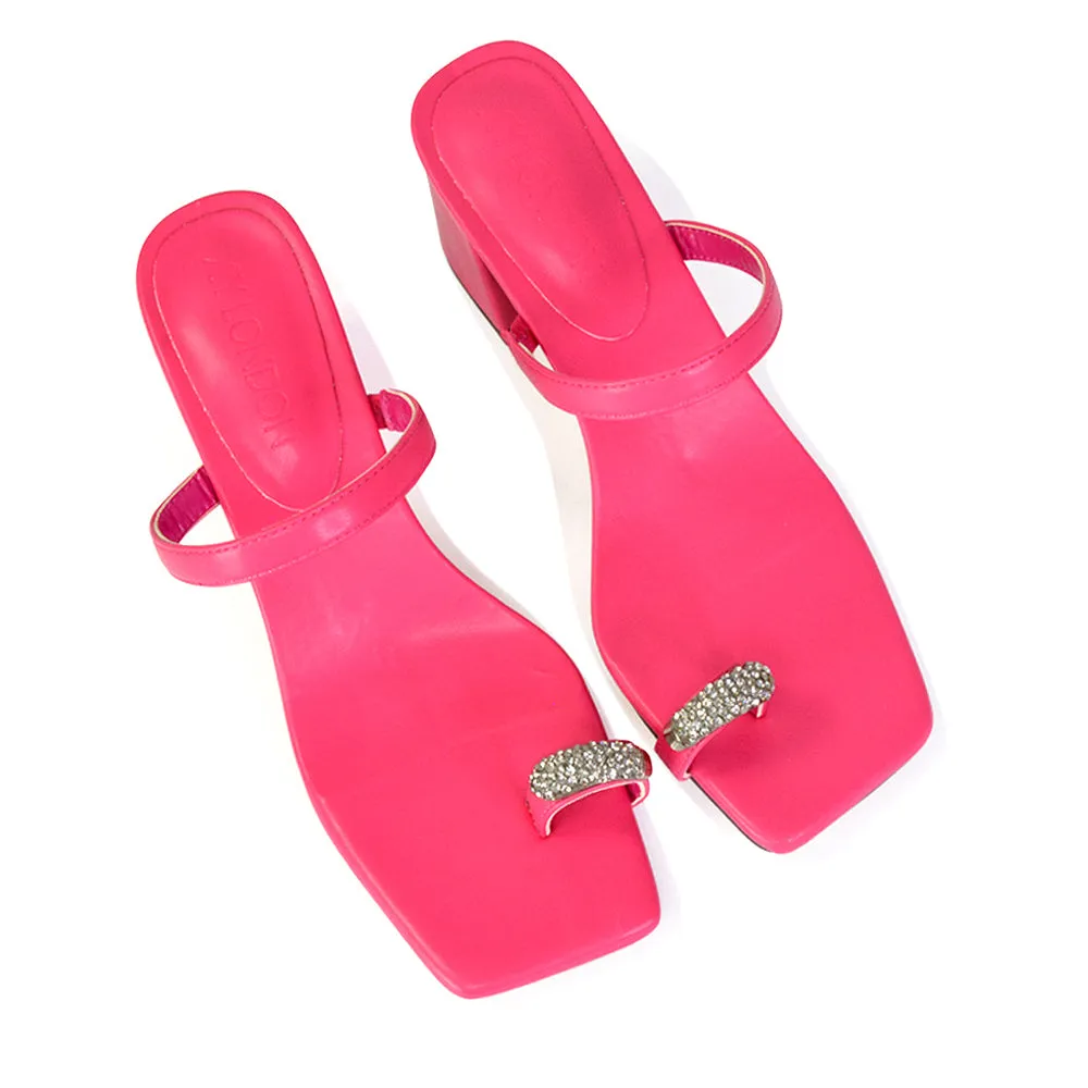 Daiquiri Double Strap Square Toe Ring Block Heel Sandals in Fuchsia