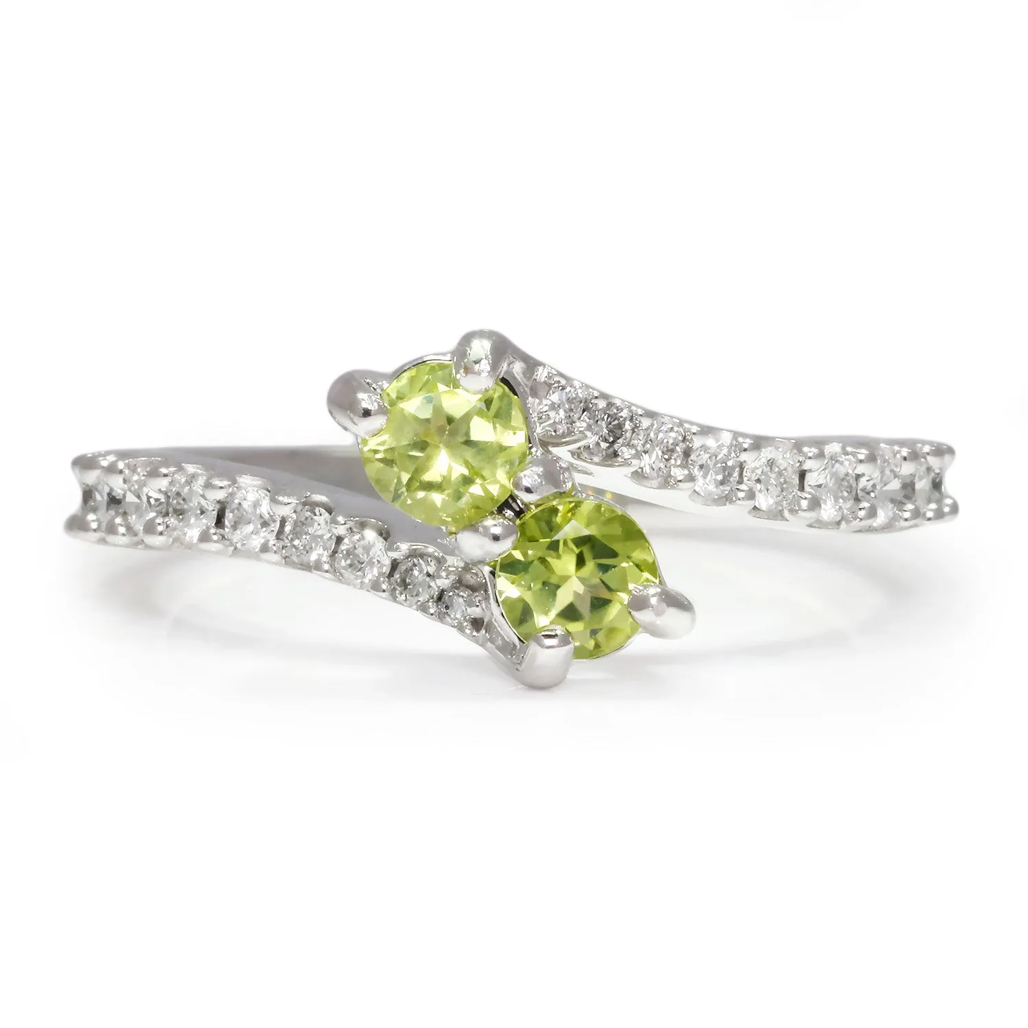 Double Peridot & Diamond Bypass Ring 14K White Gold 0.87ctw