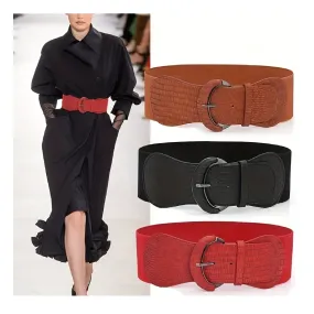 Elegant Wide Elastic Belt Vintage PU Leather Oval Buckle Solid Color Waistband Classic Dress Coat Girdle For Women