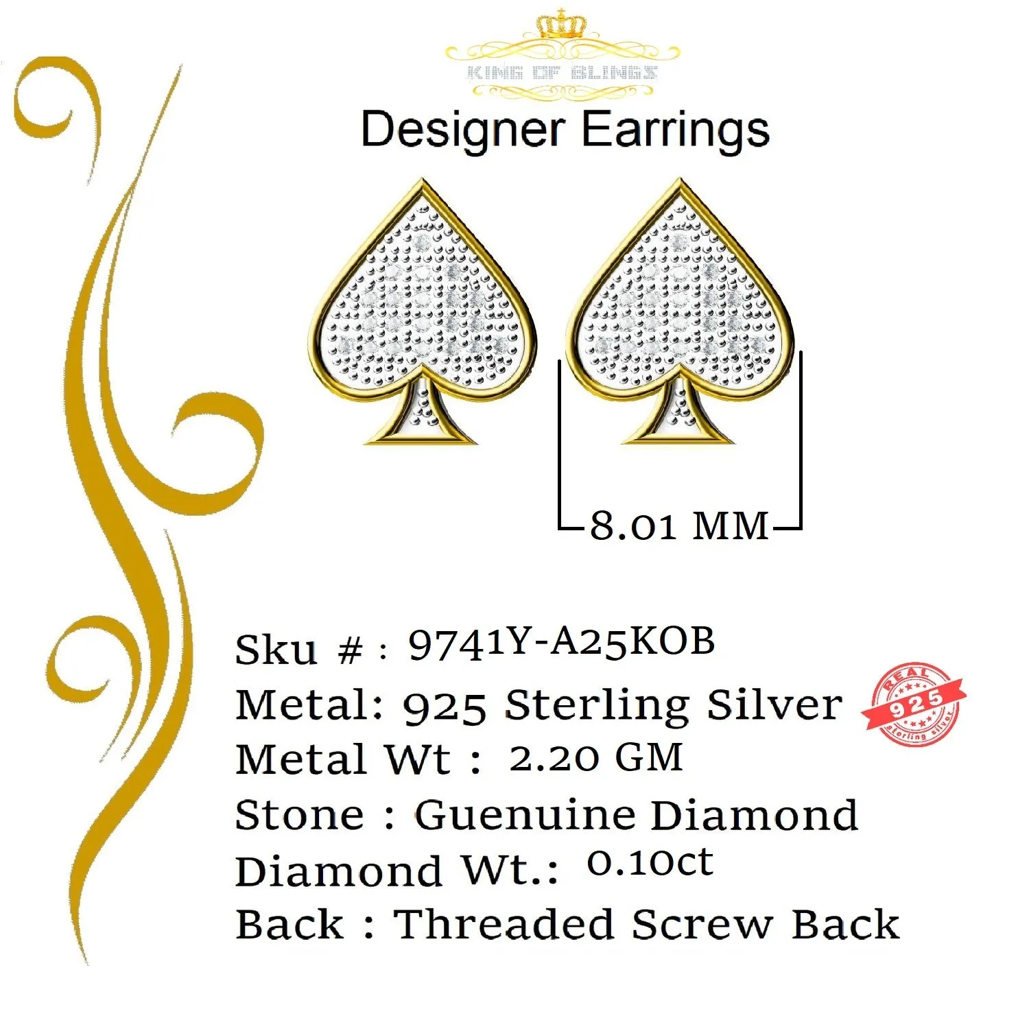 King of Blings-925 Sterling Silver Yellow 0.10ct Diamond For Women's / Men's Stud Heart Earring