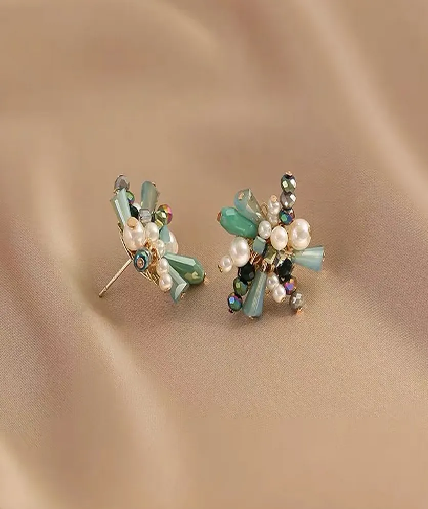 Pearl Earrings Vintage Crystal Faceted Beads Flower Stud