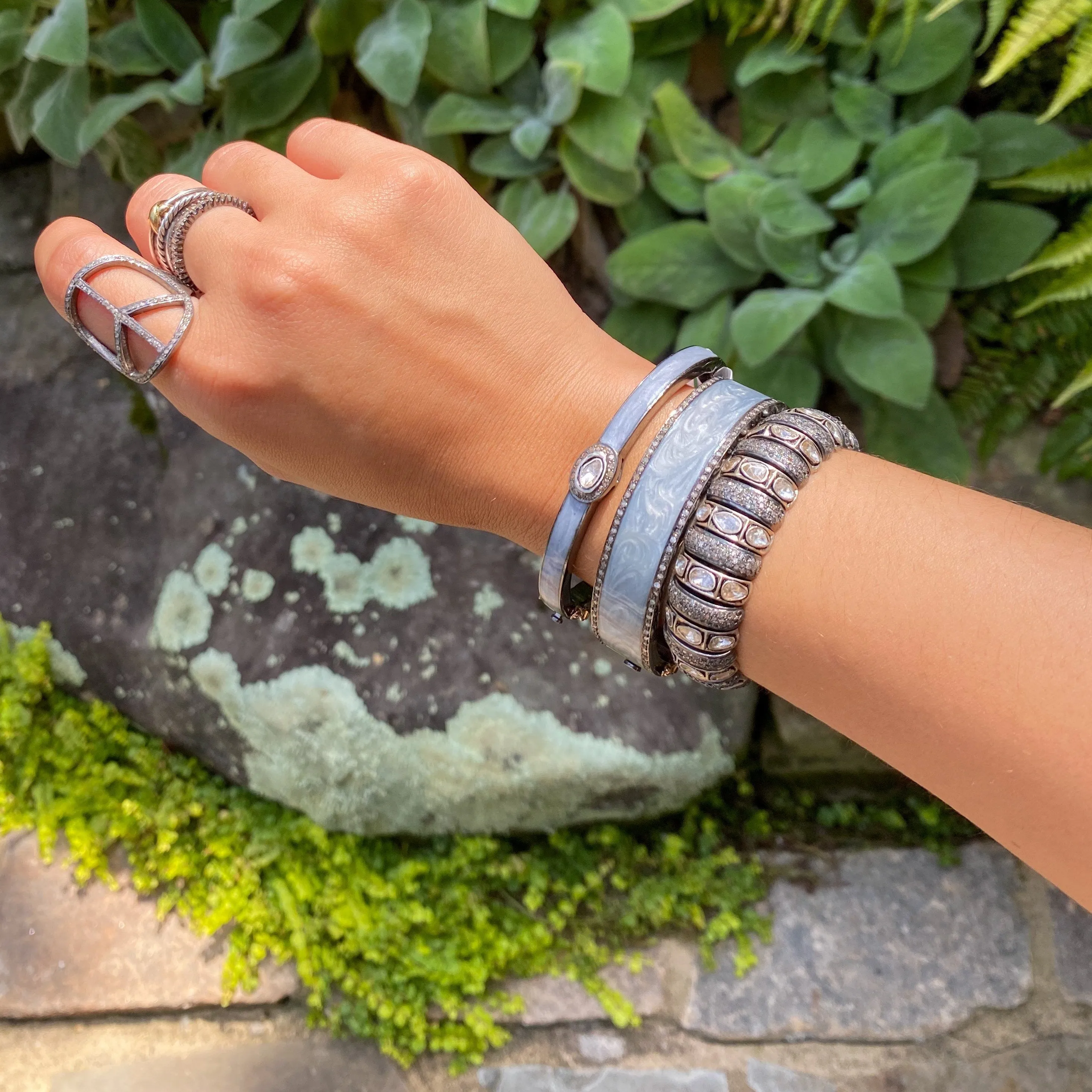 Pearl Grey Enamel Pave Rosecut Bangle