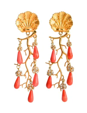 Philippe Ferrandis Vintage Gold Aquatic Shell Branch Coral Drop Rhinestone Oversized Statement Earrings