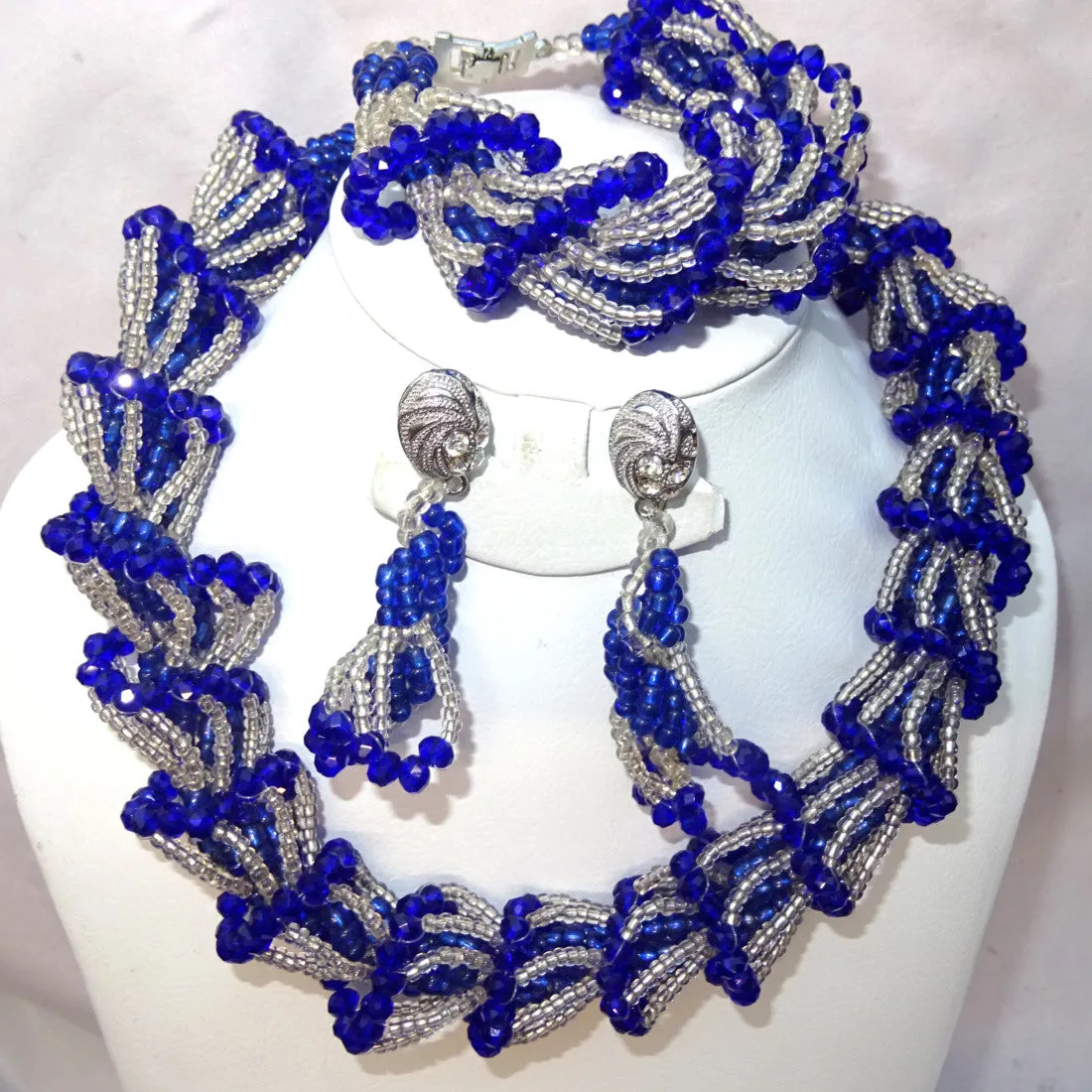 Royal Blue & Silver White Party African Nigerian Beads Necklace Jewellery Set