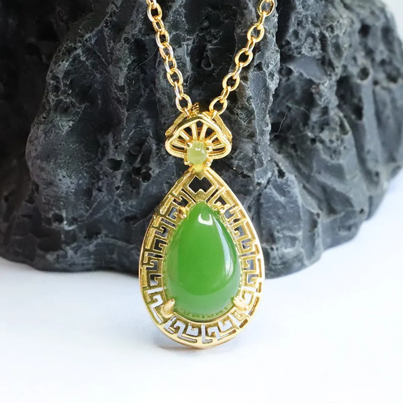 S925 Silver Natural Hotan Jade Jade Jasper Water Drop Necklac