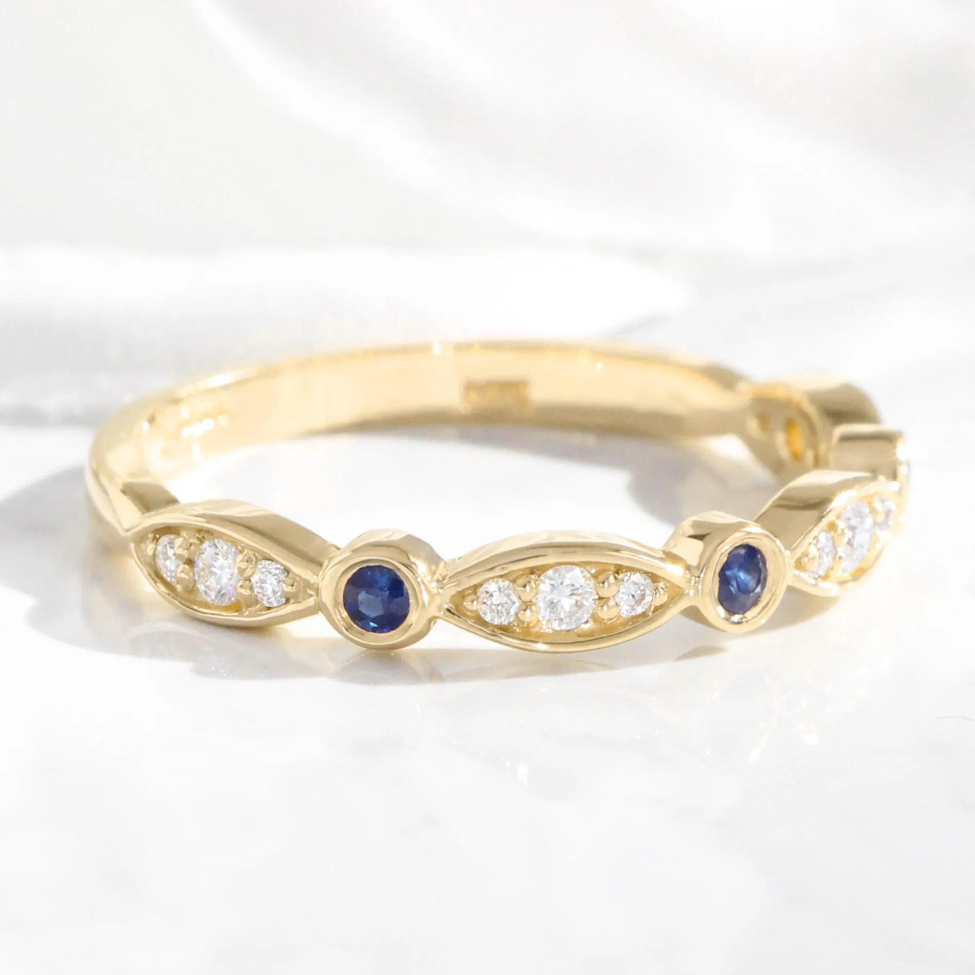 Sapphire and Diamond Wedding Band in Scalloped Bezel Ring