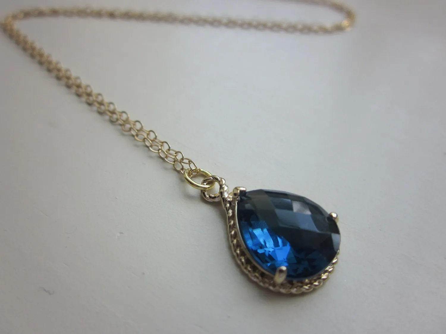 Sapphire Necklace Navy Blue Gold Teardrop Jewelry - 14k Gold Filled Chain - Bridesmaid Jewelry - Wedding Jewelry - Valentines Day Gift