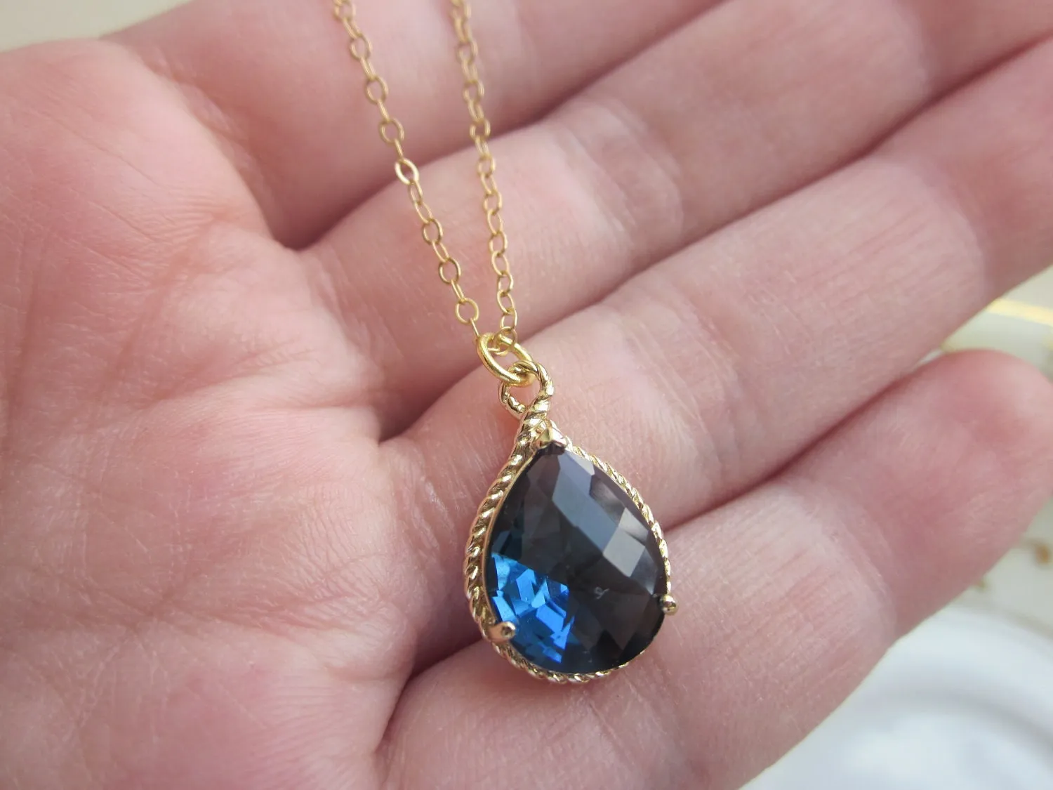Sapphire Necklace Navy Blue Gold Teardrop Jewelry - 14k Gold Filled Chain - Bridesmaid Jewelry - Wedding Jewelry - Valentines Day Gift