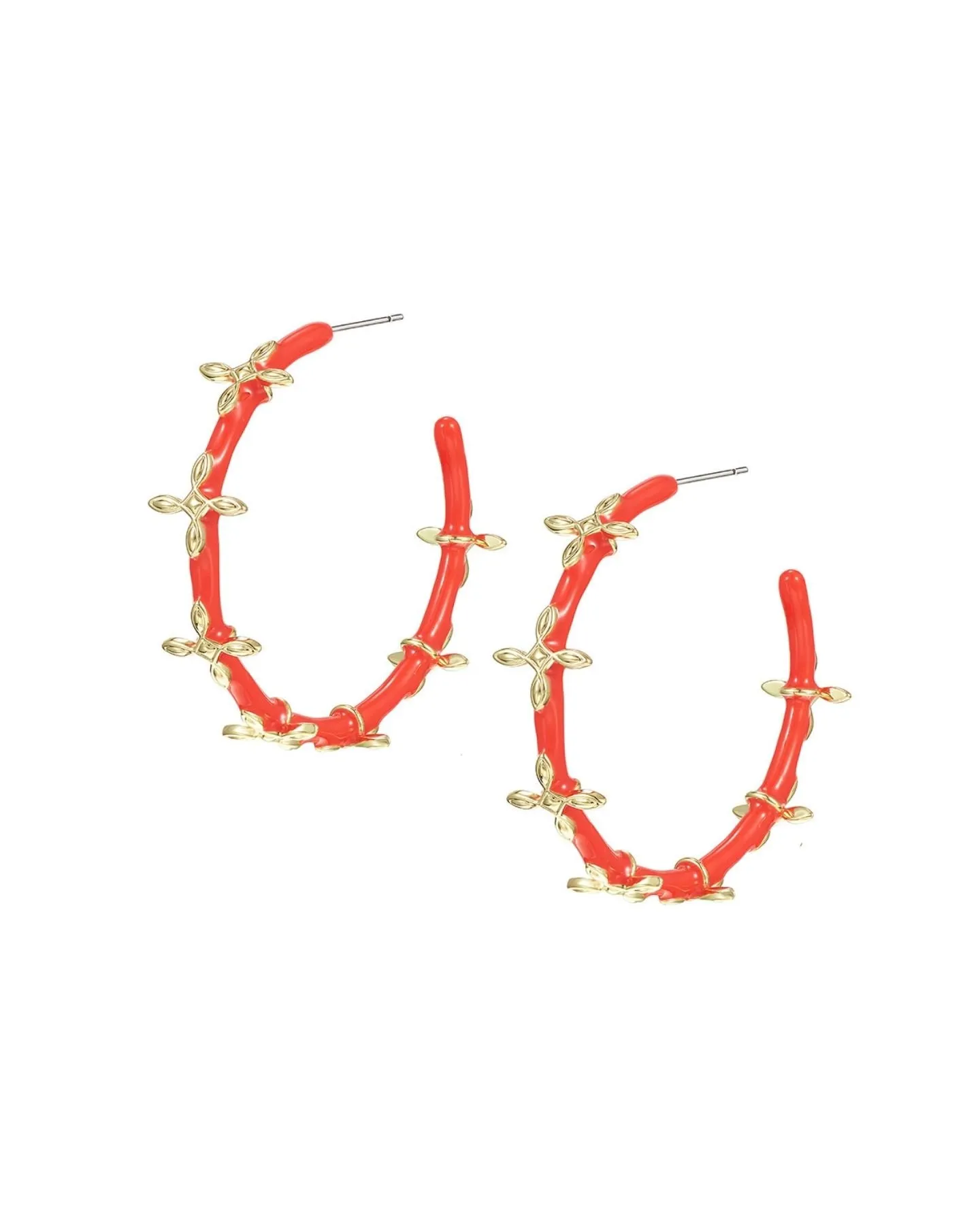 Sea Breeze Cross Hoop Earrings in Coral Enamel