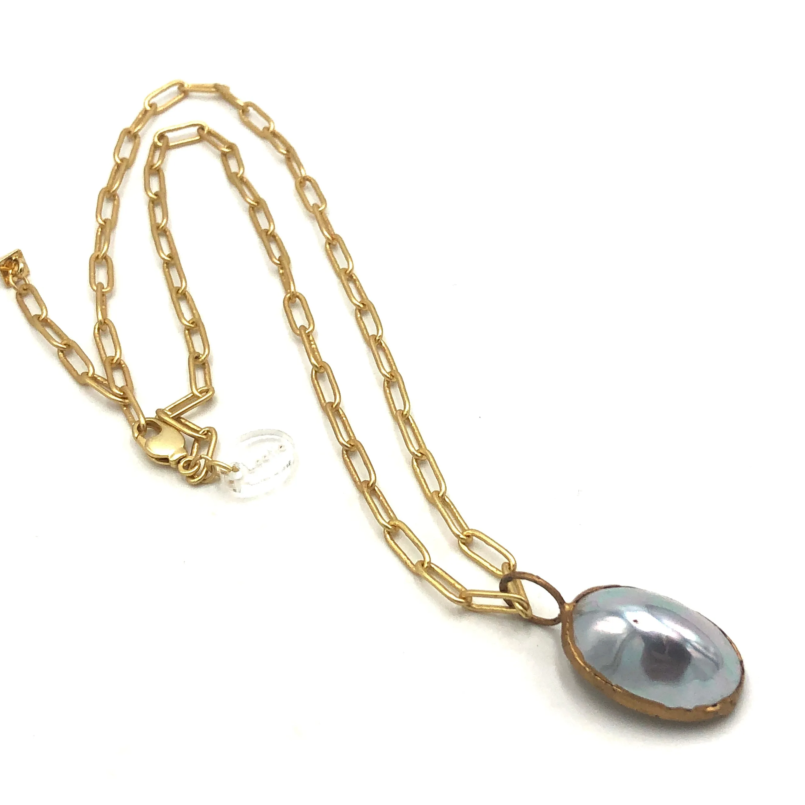 Silver Grey Shell Pearl Oval GOLD Layering Necklace