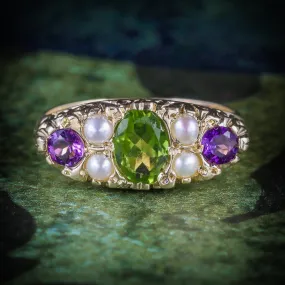 Suffragette Ring Amethyst Peridot Pearl 9Ct Gold Ring