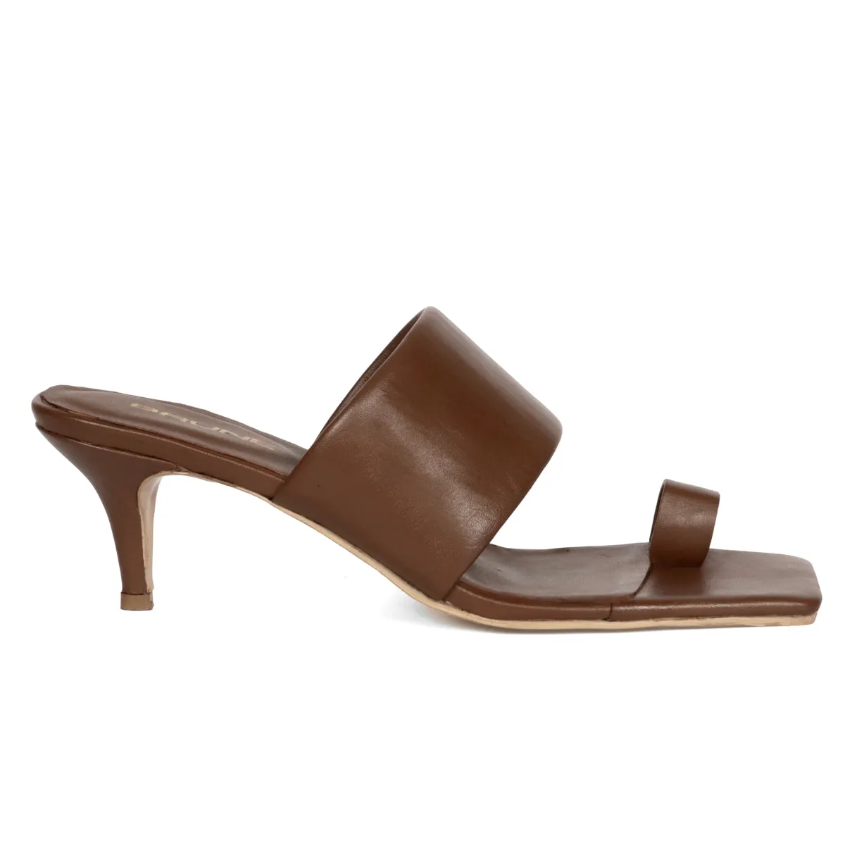 Toe Ring And Open Strap Kitten Heeled Sandals In Brown Leather