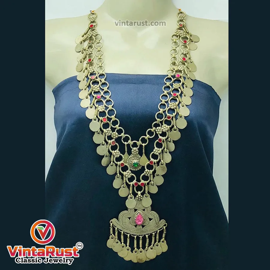 Tribal Pendant Necklace With Pink Glass Stones
