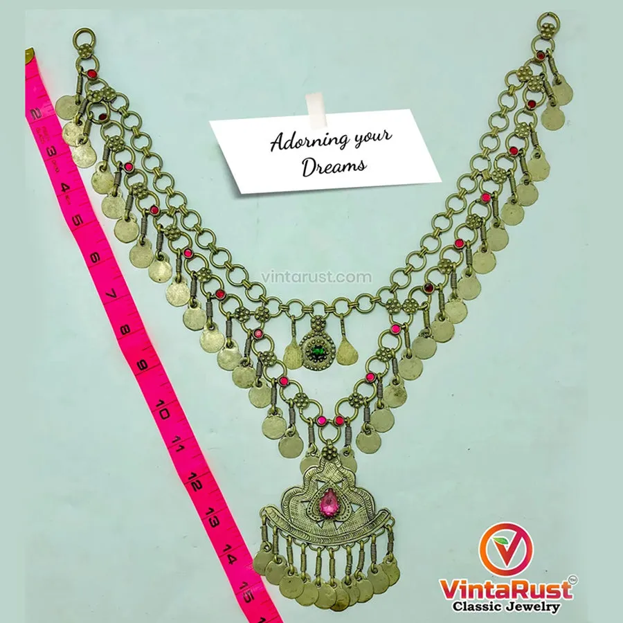 Tribal Pendant Necklace With Pink Glass Stones