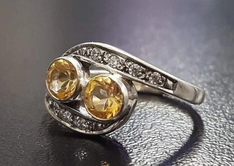 Two Stone Citrine Ring - Vintage Yellow Ring - November Birthstone Ring