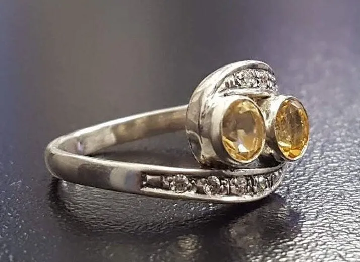 Two Stone Citrine Ring - Vintage Yellow Ring - November Birthstone Ring