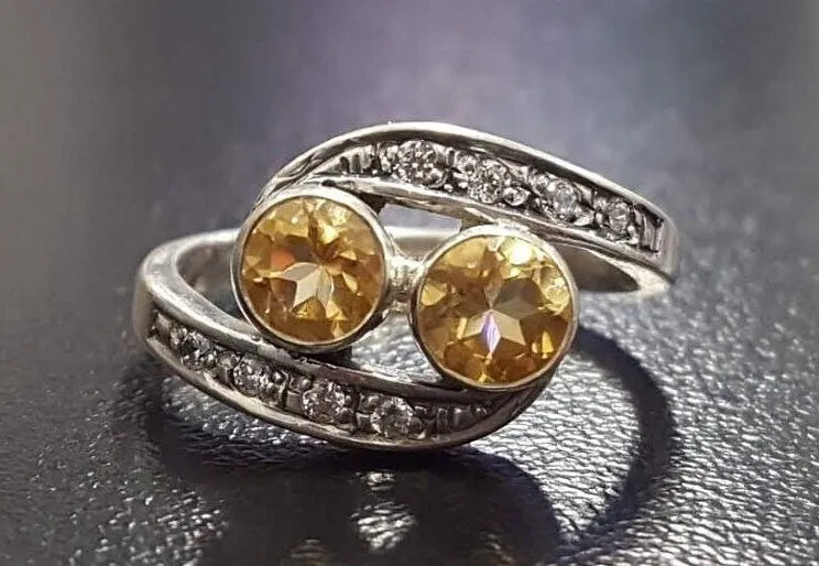 Two Stone Citrine Ring - Vintage Yellow Ring - November Birthstone Ring