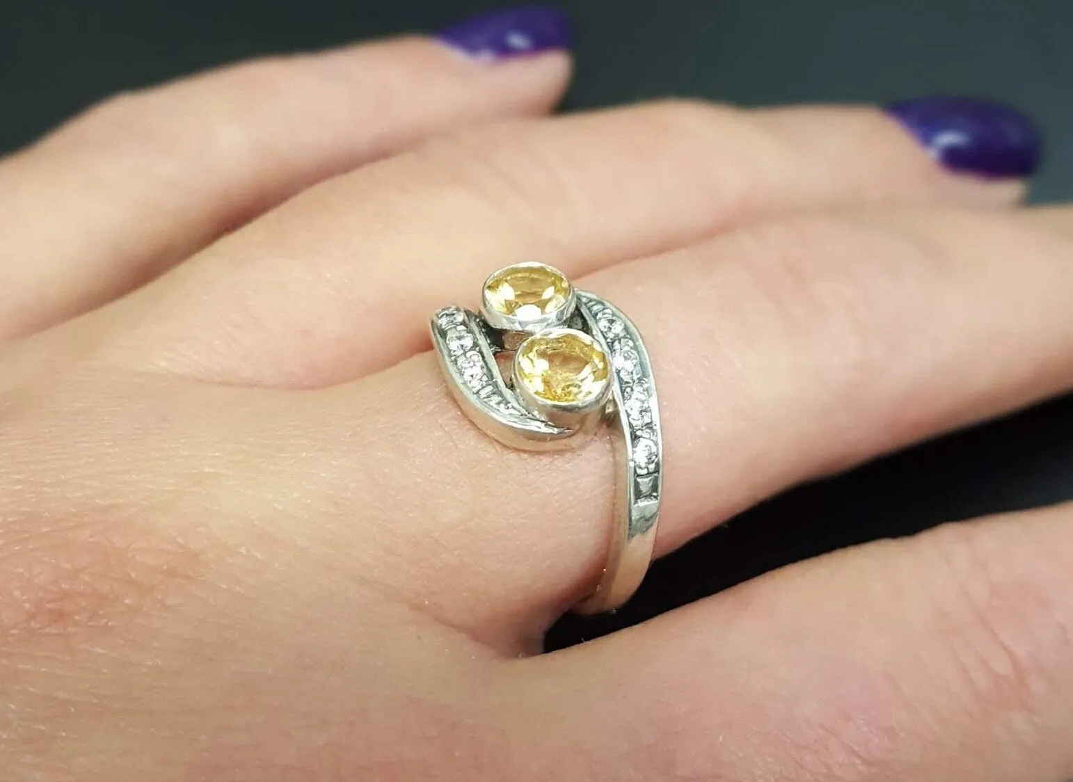 Two Stone Citrine Ring - Vintage Yellow Ring - November Birthstone Ring