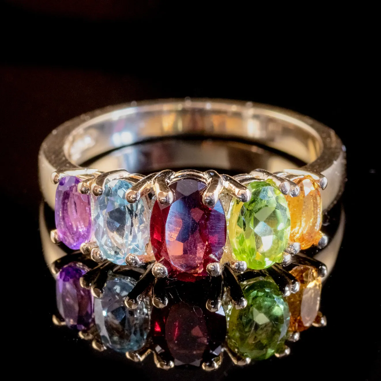 Victorian Style Gemstone Ring 9ct Yellow Gold Citrine Peridot Garnet Amethyst Topaz