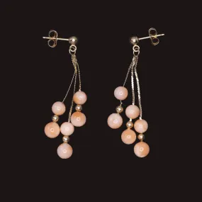 VINTAGE ANGEL SKIN CORAL 14k YELLOW GOLD EARRINGS CHAIN DROP DANGLE BEAD PINK